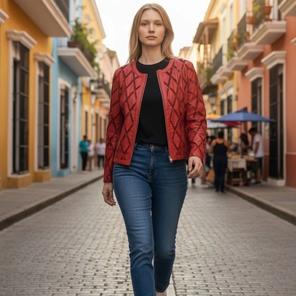 Colleen Lopaz Faux Leather Jacket Bright Orange Beautiful Zip Front Small - Picture 1 of 9